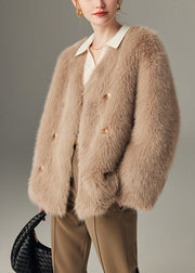 Boutique Khaki Double Breast Warm Faux Fox Fur Coats Winter