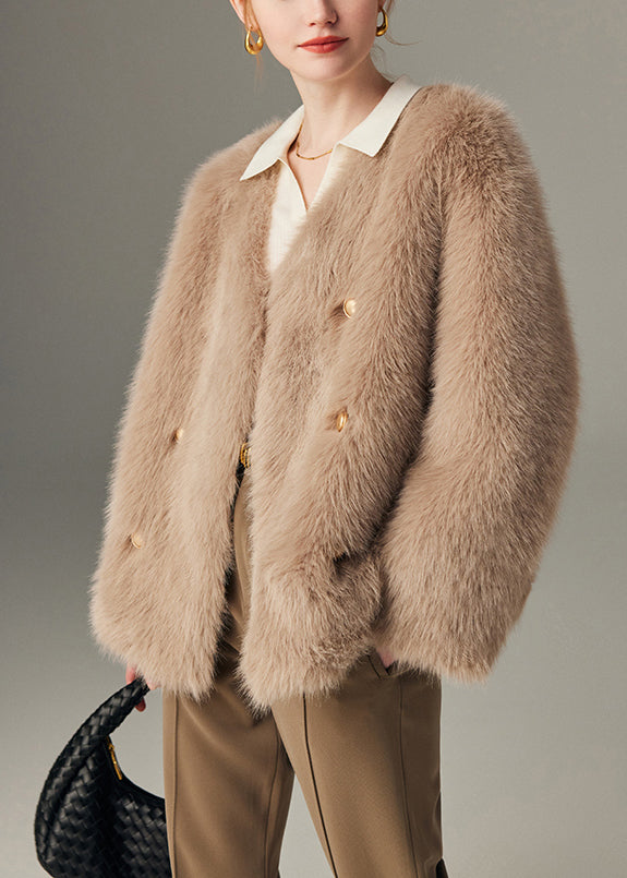 Boutique Khaki Double Breast Warm Faux Fox Fur Coats Winter