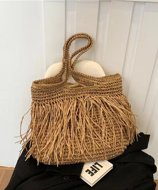 Boutique Khaki Handmade Straw Woven Tassel Shoulder Bag
