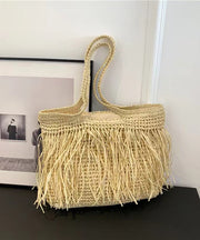 Boutique Khaki Handmade Straw Woven Tassel Shoulder Bag