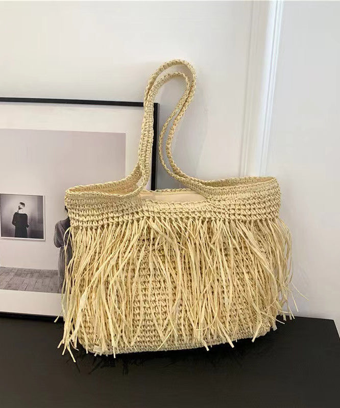 Boutique Khaki Handmade Straw Woven Tassel Shoulder Bag
