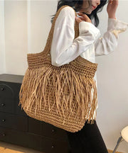 Boutique Khaki Handmade Straw Woven Tassel Shoulder Bag