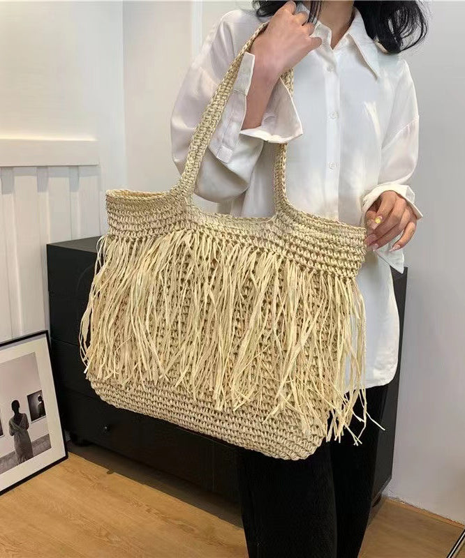 Boutique Khaki Handmade Straw Woven Tassel Shoulder Bag