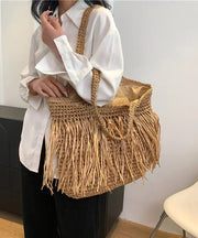 Boutique Khaki Handmade Straw Woven Tassel Shoulder Bag