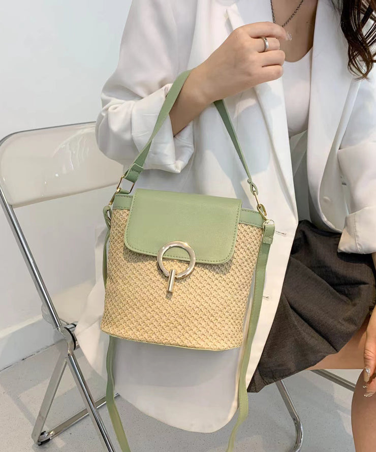 Boutique Khaki Patchwork Weave Faux Leather Tote Handbag