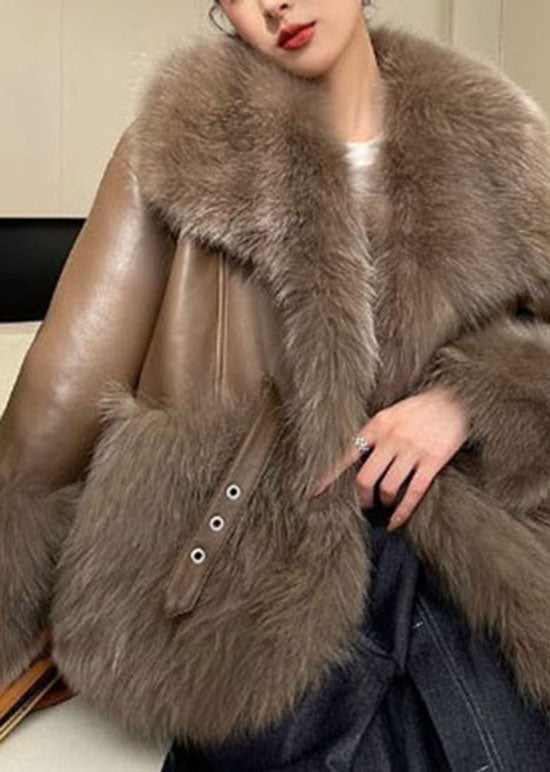 Boutique Khaki Peter Pan Collar Patchwork Fuzzy Fur Fluffy Coat Winter