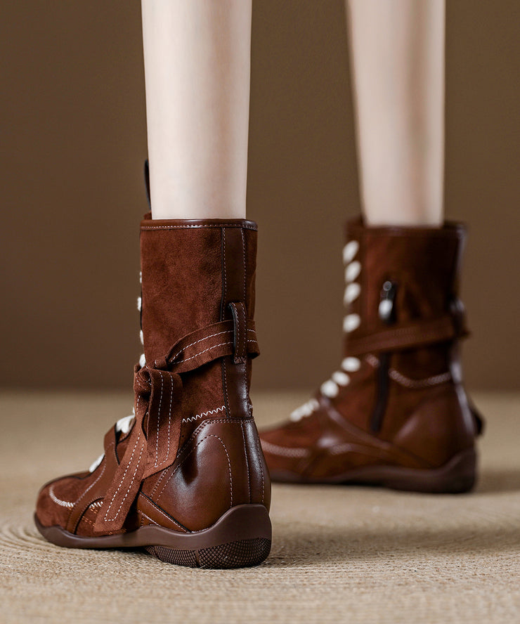 Boutique Lace Up Splicing Boots Brown Suede