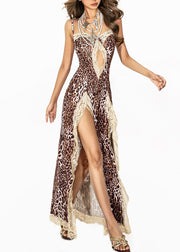 Boutique Leopard Lace Patchwork Side Open Maxi Spaghetti Strap Dress Sleeveless