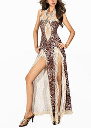 Boutique Leopard Lace Patchwork Side Open Maxi Spaghetti Strap Dress Sleeveless