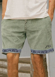 Boutique Light Green Pockets Elastic Waist Patchwork Corduroy Mens Shorts Summer