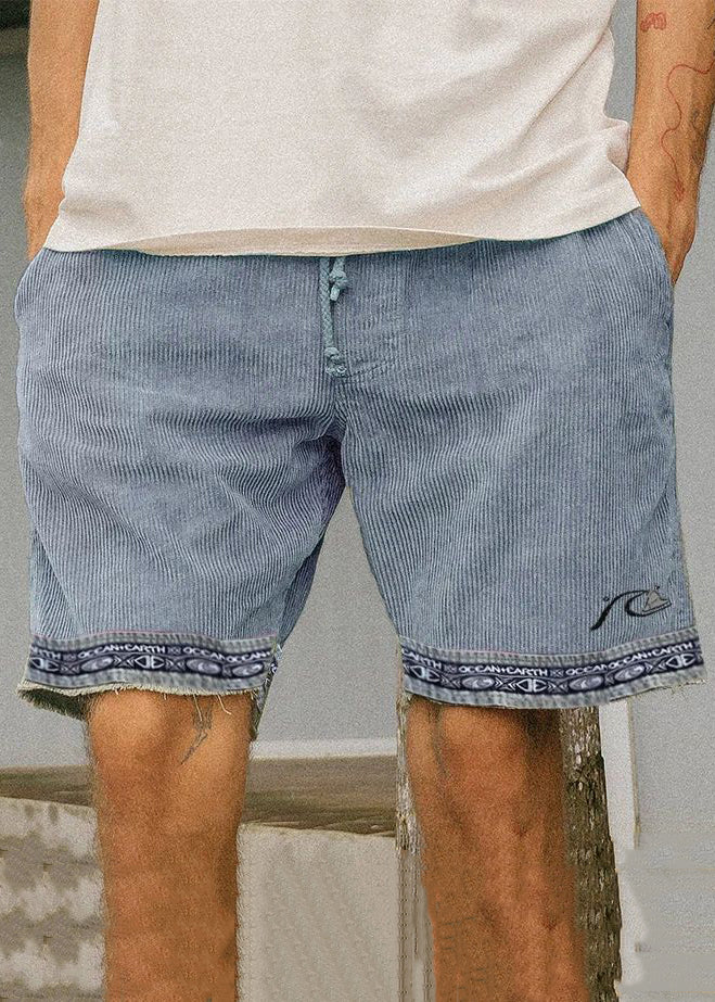 Boutique Light Green Pockets Elastic Waist Patchwork Corduroy Mens Shorts Summer