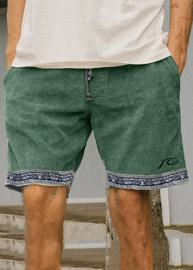 Boutique Light Green Pockets Elastic Waist Patchwork Corduroy Mens Shorts Summer
