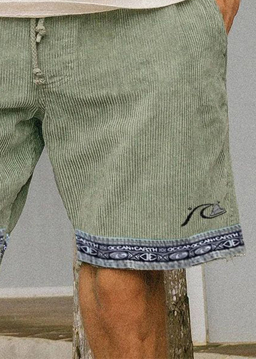 Boutique Light Green Pockets Elastic Waist Patchwork Corduroy Mens Shorts Summer