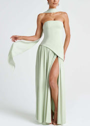 Boutique Light Green Side Open Scarf Strapless Dresses Summer
