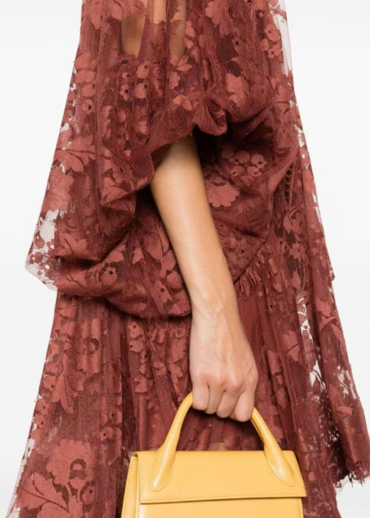 Boutique Mulberry Asymmetrical Lace Dresses Lantern Sleeve