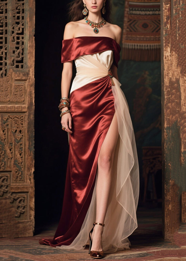 Boutique Mulberry Cold Shoulder Patchwork Silk Evening Dress Summer