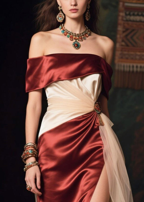 Boutique Mulberry Cold Shoulder Patchwork Silk Evening Dress Summer