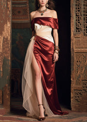 Boutique Mulberry Cold Shoulder Patchwork Silk Evening Dress Summer