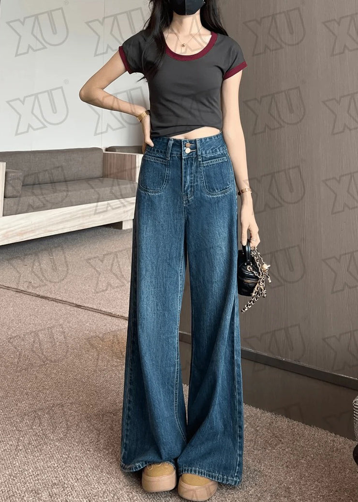 Boutique Navy High Waist Denim Straight Pants Fall