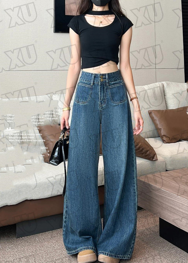 Boutique Navy High Waist Denim Straight Pants Fall