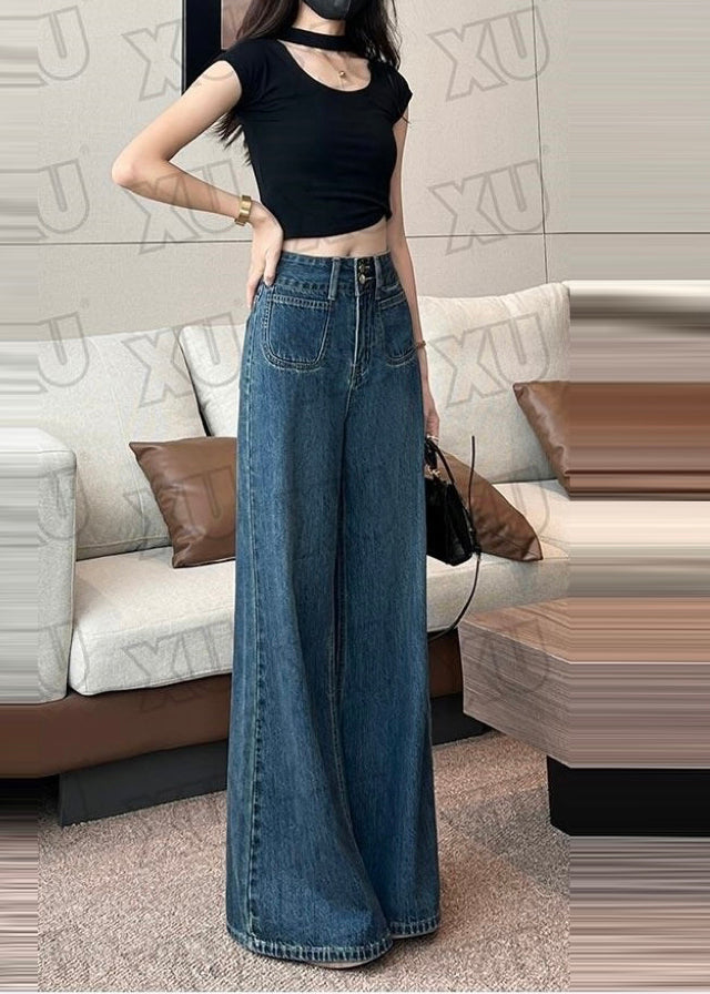 Boutique Navy High Waist Denim Straight Pants Fall