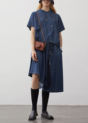 Boutique Navy Hooded Drawstring Patchwork Denim Two Pieces Set Summer