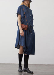 Boutique Navy Hooded Drawstring Patchwork Denim Two Pieces Set Summer
