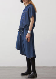 Boutique Navy Hooded Drawstring Patchwork Denim Two Pieces Set Summer