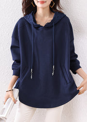 Boutique Navy Hooded Pockets Cotton Loose Sweatshirt Fall