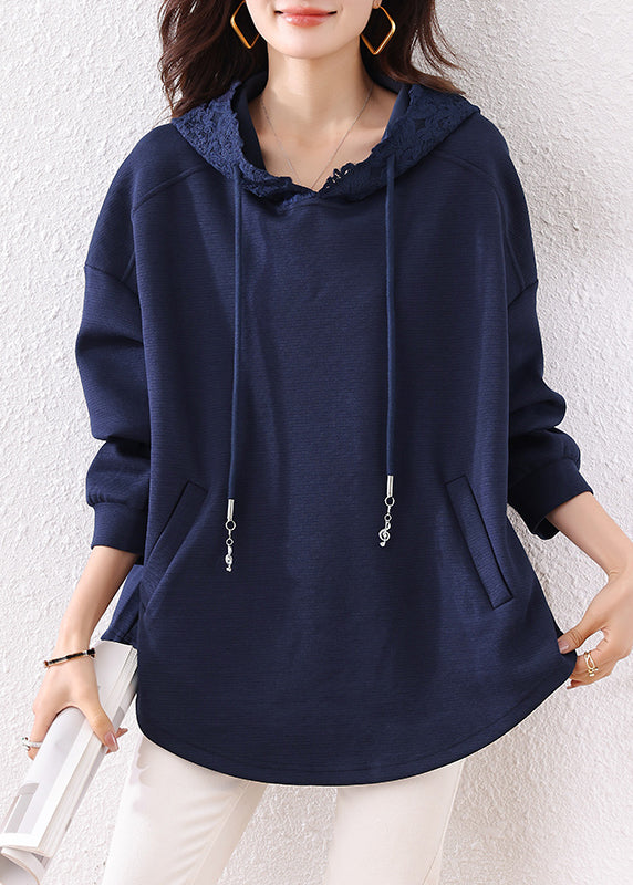 Boutique Navy Hooded Pockets Cotton Loose Sweatshirt Fall
