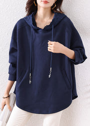 Boutique Navy Hooded Pockets Cotton Loose Sweatshirt Fall