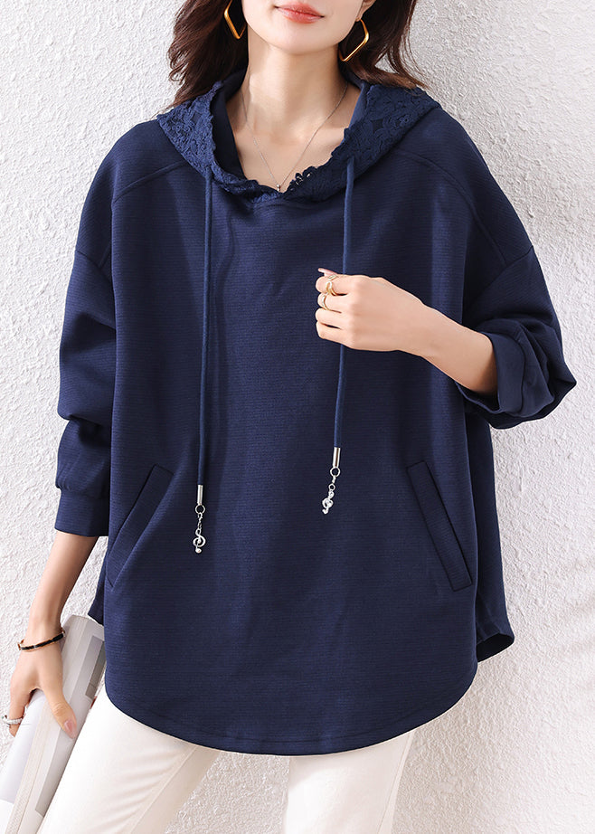 Boutique Navy Hooded Pockets Cotton Loose Sweatshirt Fall