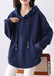 Boutique Navy Hooded Pockets Cotton Loose Sweatshirt Fall