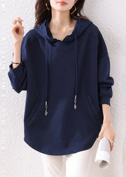 Boutique Navy Hooded Pockets Cotton Loose Sweatshirt Fall