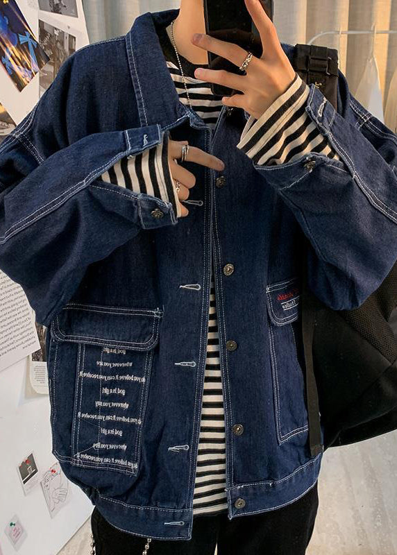 Boutique Navy Print Button Pockets Denim Mens Coats Spring