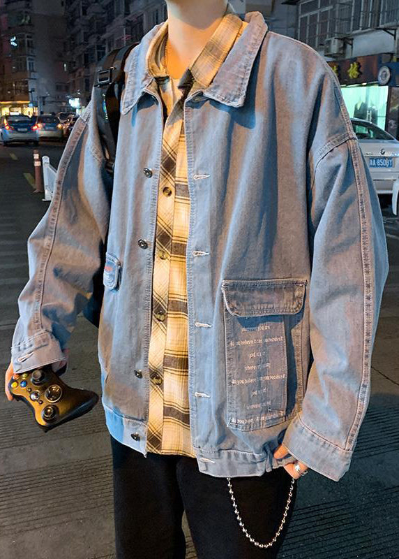 Boutique Navy Print Button Pockets Denim Mens Coats Spring