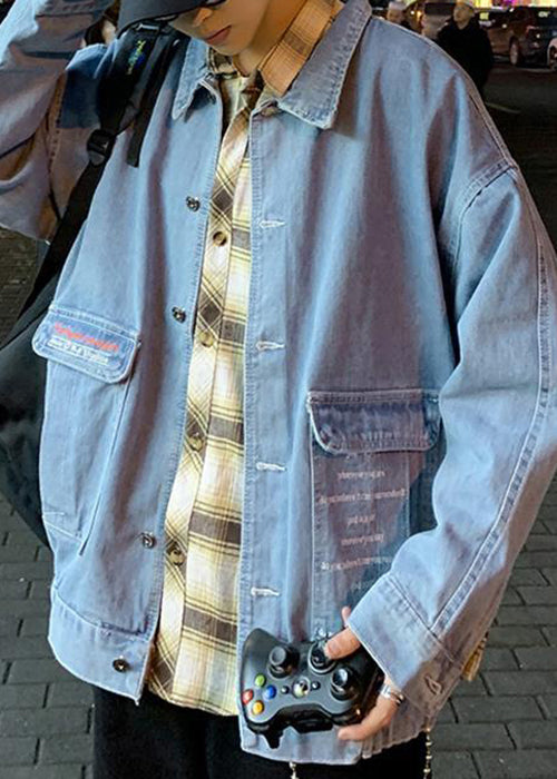 Boutique Navy Print Button Pockets Denim Mens Coats Spring