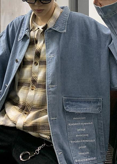 Boutique Navy Print Button Pockets Denim Mens Coats Spring