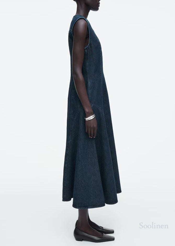 Boutique Navy V Neck Patchwork Denim Maxi Dresses Sleeveless