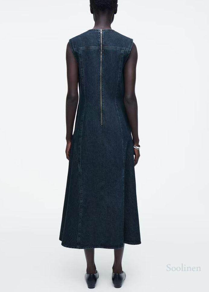 Boutique Navy V Neck Patchwork Denim Maxi Dresses Sleeveless