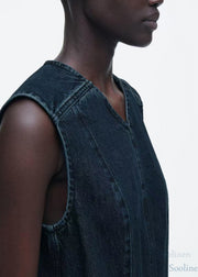 Boutique Navy V Neck Patchwork Denim Maxi Dresses Sleeveless