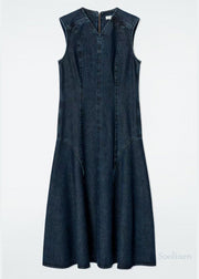 Boutique Navy V Neck Patchwork Denim Maxi Dresses Sleeveless
