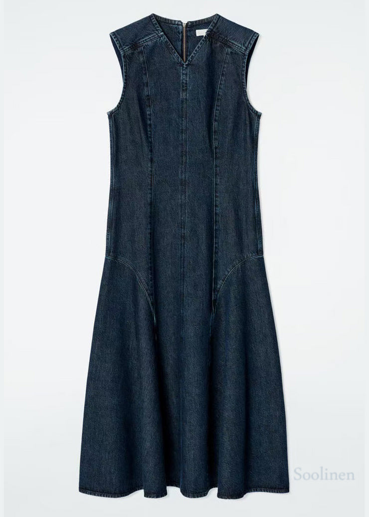Boutique Navy V Neck Patchwork Denim Maxi Dresses Sleeveless