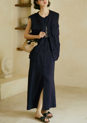 Boutique Navy Vest And Skirts Linen Two Pieces Set Summer