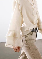 Boutique O-Neck Ruffled Patchwork Cotton Blouse Tops Fall