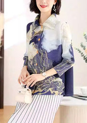 Boutique Peter Pan Collar Print Wrinkled Silk Shirt Top Fall