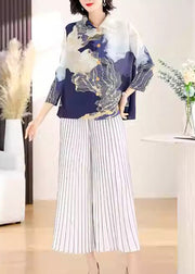 Boutique Peter Pan Collar Print Wrinkled Silk Shirt Top Fall