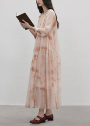 Boutique Pink O-Neck Print Patchwork Silk Dresses Summer