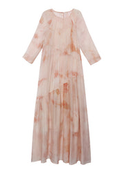 Boutique Pink O-Neck Print Patchwork Silk Dresses Summer