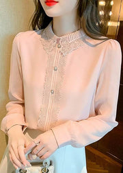 Boutique Pink Peter Pan Collar Lace Patchwork Cotton Shirt Top Spring